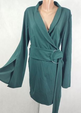 Смарагдове плаття на запах з поясом зелена туніка з рукавами prettylittlething5 фото