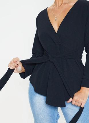 Жіноча однотонна блуза з поясом prettylittlething, розмір xs, чорний