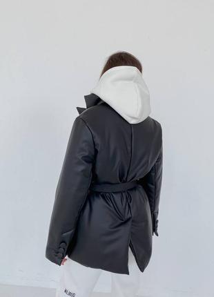 Зима!! куртка пуховик пальто кожа на запах с поясом короткая теплая чёрная бежевая песочная мокко коричневая3 фото