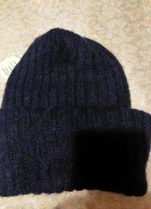 Новая синяя женская шапка синяя колпак с мохером3 фото