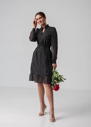 Женское нарядное шифоновое черное платье в горошек с поясом в комплекте 44-54