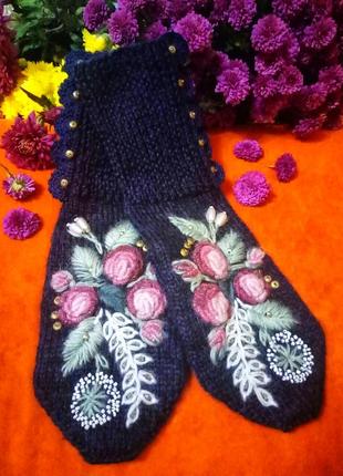 Теплі зимові в'язані дизайнерські рукавиці1 фото