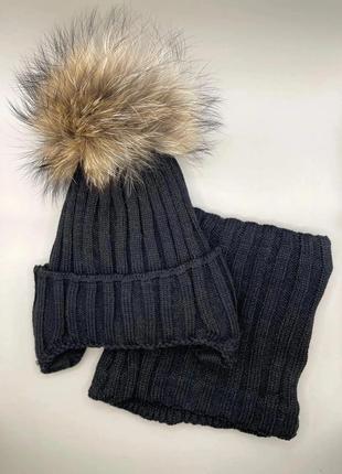 Крутезна зимова шапочка з натуральним помпоном + хомут2 фото