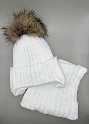 Крутезна зимова шапочка з натуральним помпоном + хомут4 фото