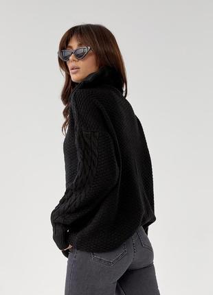 Вязаный свитер с косами и воротником на молнии - черный цвет, l (есть размеры)2 фото