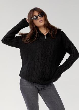 В'язаний светр із косами та коміром на блискавці — чорний колір, l (є розміри)