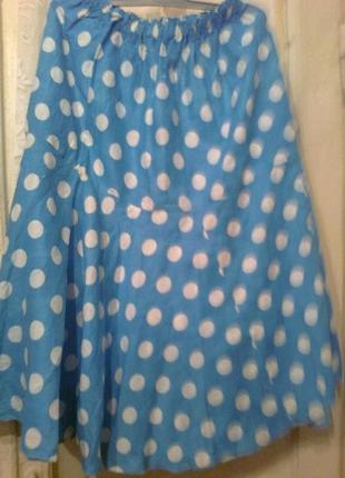 Голубая юбка в белый горох,хлопок,на резинке, с оборкой1 фото