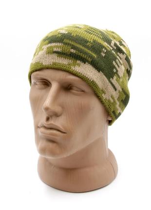 Шапка braxton мужская вязаная с подклакой флис, тактическая шапка пиксель темная, шапка двойная для спорта