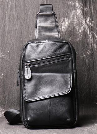 Мужская кожаная бананка сумка на грудь черная, барсетка слинг из натуральной кожи нагрудная1 фото