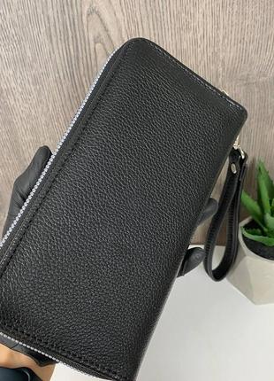 Жіночий шкіряний кланч гаманець стильний і модний ✔ клатч-кошелек з натуральної шкіри чорний на блискавиці3 фото