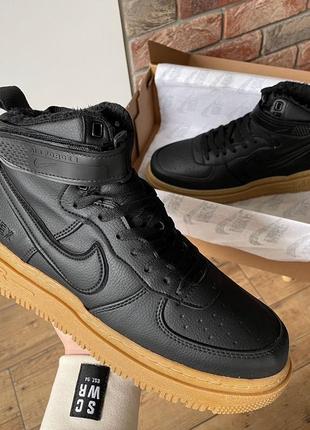 Мужские высокие кожаные кроссовки термо nike air force 1 gore-tex black\brown (хутро)#найк