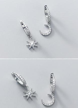 Сережки-кільця місяць+зірка з камінням, зручні асиметричні срібні сережки