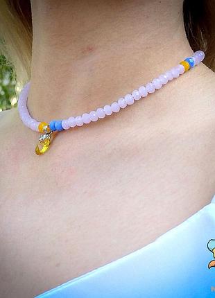 Намисто чокер рожевий та жовто-блакитні кришталеві намистини серце.  ручна робота. авторський дизайн2 фото