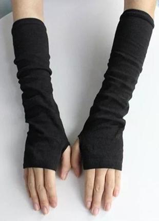 Митенки черные трикотажные.  длинные перчатки без пальцев (унисекс)2 фото