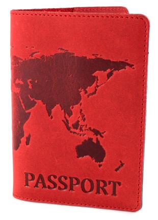 Обложка кожаная на загранпаспорт "карта" (красная)