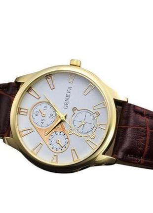 Мужские классические наручные часы “geneva gold” c коричневым ремешком2 фото