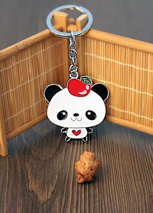 Милий брелок для ключів у формі панди «panda apple» з яблуком і сердечком1 фото