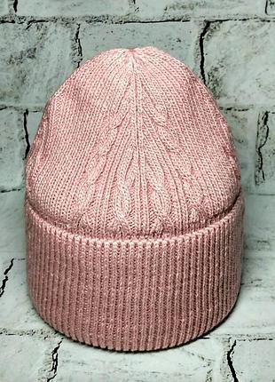 Шапка женская вязаная на флисе пудра