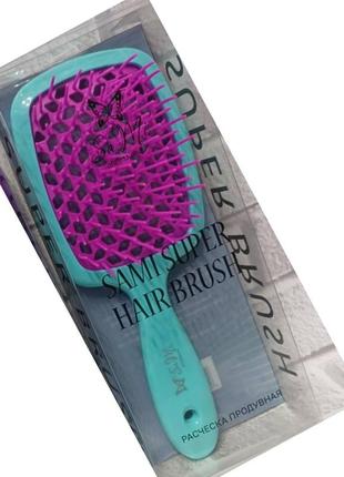 Гребінець для волосся sami super hair brush (у подарунковому пакованні) бірюза з фуксією2 фото
