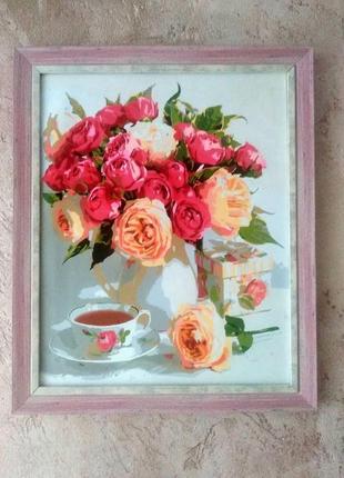 Картина акрилом цветы на столе интерьер дома 40х50см в раме покрыта глянцевым лаком