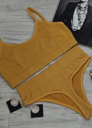 Жіночий комплект у рубчик топ+трусики  s/m жовтий