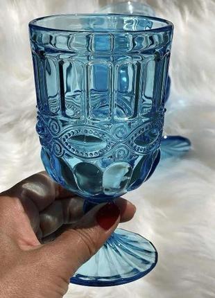 Бакал для вина кубок синій 270 мл скляний з орнаментом