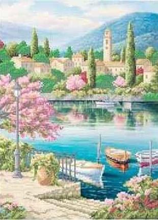 Схема для вышивки бисером "  пристань на горном озере " частичная выкладка, заготовка, 29х39,5 см