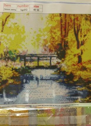 Алмазна вишивка "осінній пейзаж ",будівлі,міст,ріка,повна викладка ,мозаїка 5d, набори 30х40 см2 фото