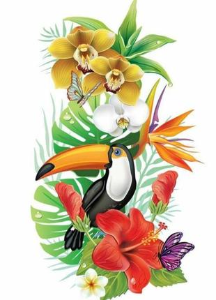Алмазна вишивка" букет квітів та тукан " гібіскус,лілії,орхідеї,повна викладка, ,мозаїка 5d, набори 30х48 см