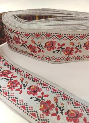 Тасьма декоративна з українським орнаментом " маки " в мотку 9 м. червона 5 см (50 мм), стрічка, текстиль,1 фото