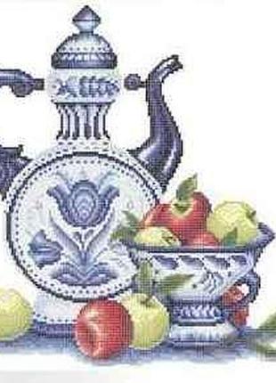 Схема для вишивки бісером " натюрморт гжель і яблука" часткова викладка, заготівля, 34х37 см