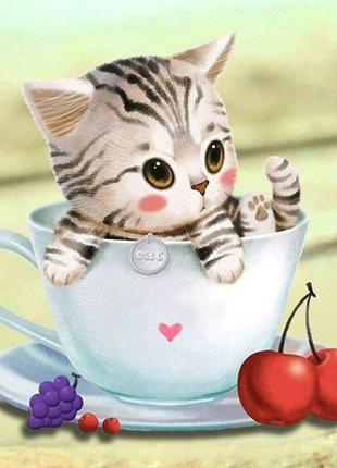Алмазная вышивка" милый котенок"кошка, чашка,стол, цветы,радужный,полная выкладка,мозаика 5d, наборы 30х30 см1 фото
