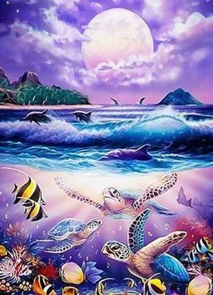 Алмазна вишивка "черепахи і місяць",хмари,берег,повна викладка, ,мозаїка 5d, набори 30х40 см