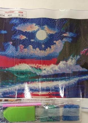 Алмазна вишивка "нічне море", море, місяць, берег, прибій, хмари,повна викладка ,мозаїка 5d, набори 30х40 см2 фото