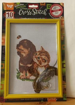 Набір для вишивки хрестиком на канві з рамкою "кішечка і собачка" aida, муліне, дитяча творчість, 28,5x19,5 см2 фото