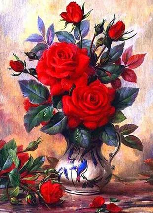 Алмазная вышивка" букет роз" роза у вазе,полная выкладка, ,мозаика 5d, наборы 30х40 см