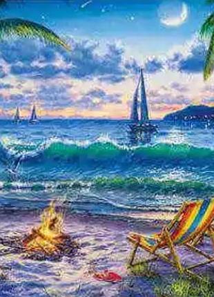 Алмазная вышивка "костёр на берегу моря"море,луна,берег,прибой,полная выкладка ,мозаика 5d, наборы 30х40 см