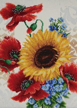 Набір для вишивки бісером "польові квіти" мак, соняшник, цикорій, часткова викладка, чехія, 31х34 см