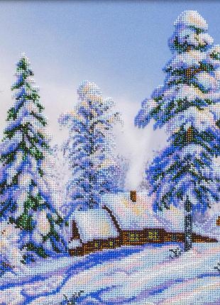 Набір для вишивки бісером "сніжна зима" зима, сніг, роща, сонце, ліс, часткова викладка, 28х33 см