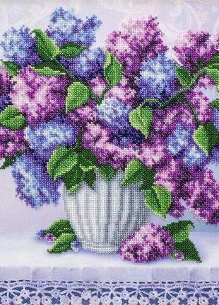 Набір для вишивки бісером "бузковий букет" квіти, букет, ваза на столі часткова викладка, 35х35 см
