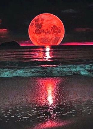 Алмазна вишивка "червона луна",море,берег,повна викладка, ,мозаїка 5d, набори 30х40 см1 фото