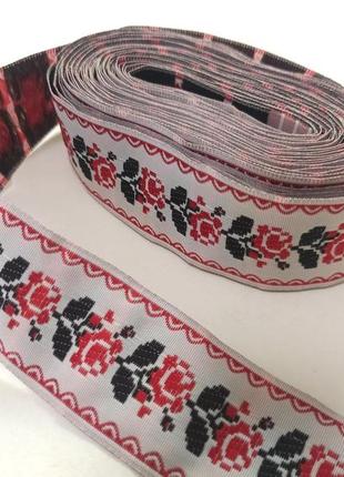 Тесьма декоративная  с украинским орнаментом " роза " в мотке 9 м. красная 3 см (30 мм), лента, текстиль,1 фото