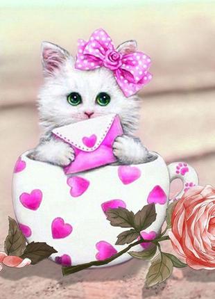 Алмазна вишивка "миле кошеня" кішка, квіти, чашка, стіл, райдужний, повна викладка, мозаїка 5d, набори 30х30 см