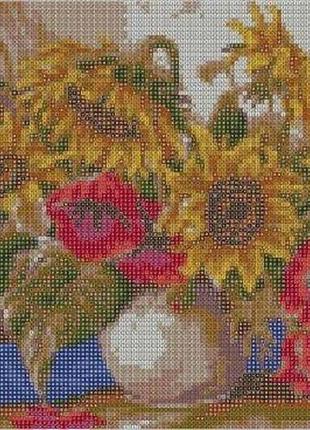 Алмазна вишивка "букет соняшника та маків" весна ваза сад, повна викладка зашивка мозаїка 5d набори 30х40 см