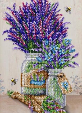 Набір для вишивки бісером "лавандовий прованс" квіти поле, сад ваза, букет джмелі часткова викладка, 22x38 см