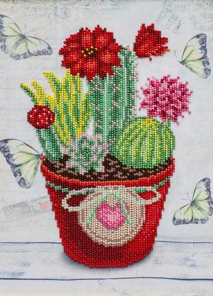 Набір для вишивки бісером "кактус" квіти декор букет ваза часткова викладка 21х27 см