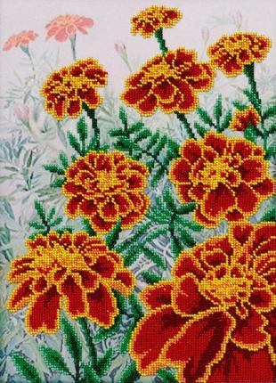 Набор для вышивки бисером " бархатцы " клумба, сад, поле, цветы, частичная выкладка, 22х31.5 см