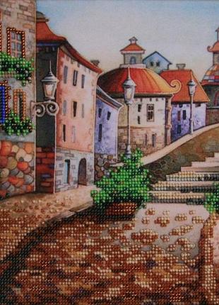 Набор для вышивки бисером " улица старого города " мост,  улица, люди, любовь, частичная выкладка, 29x20 см