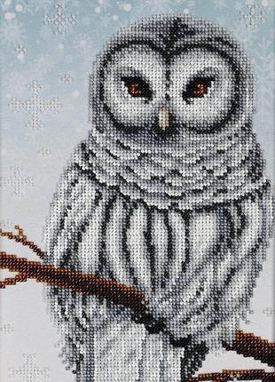 Набор для вышивки бисером " снежная сова " лес, снег, сова, небо частичная выкладка 17х27 см