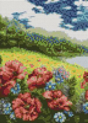 Алмазная вышивка " поле маков "  полевые маки, ромашка, луг озеро полная выкладка, мозаика 5d наборы 31x41 см